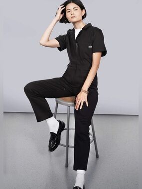 NWT Wildfang Washed Black Essential Short-Sleeve Utility Jumpsuit Coveralls